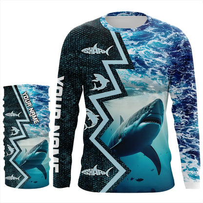Shark Fishing Custom blue sea wave camo long sleeve performance Fishing Shirt, shark fishing jerseys NQS5042