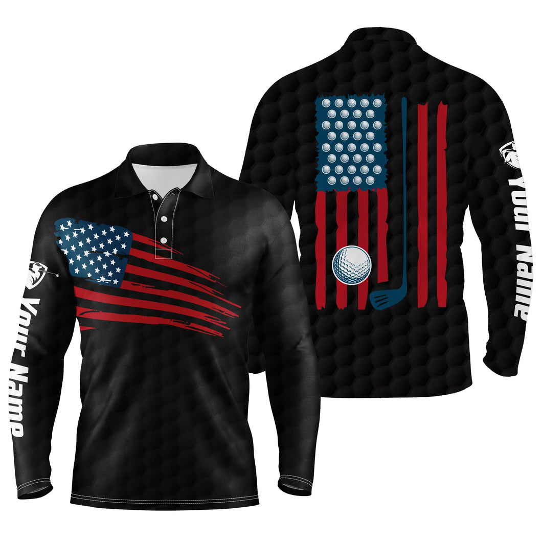 Mens golf polo shirt American flag patriotic golf shirts custom name golf gifts for men | Black NQS4788