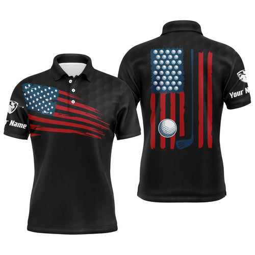 Mens golf polo shirt American flag patriotic golf shirts custom name golf gifts for men | Black NQS4788