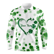 Load image into Gallery viewer, Mens golf polo shirts custom green clover heart St Patrick&#39;s Day pattern mens golf polos shirt NQS7197