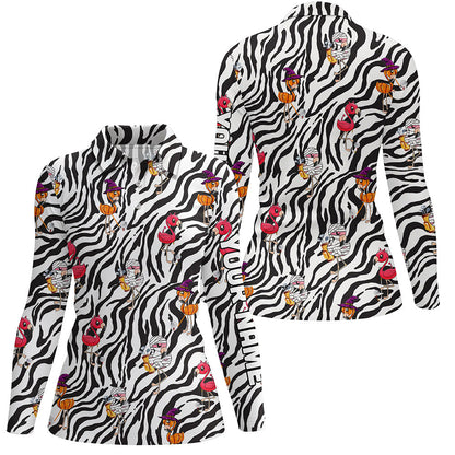 Halloween flamingo Womens golf polos shirts custom black and white zebra pattern golf tees for women NQS6465