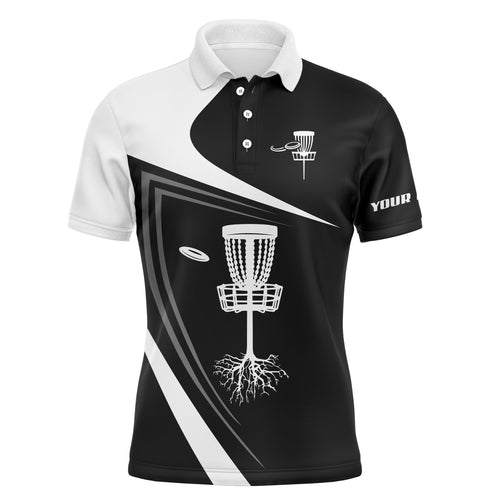 Mens disc golf polo shirt custom name black and white disc golf basket, personalized disc golf shirts NQS4426