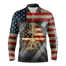 Load image into Gallery viewer, Mens disc golf polo shirt custom name American flag disc golf basket, disc golf gifts for men NQS4427