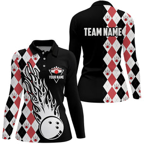 Black and red argyle pattern bowling fire polo shirts for women custom bowling team league jerseys NQS6912