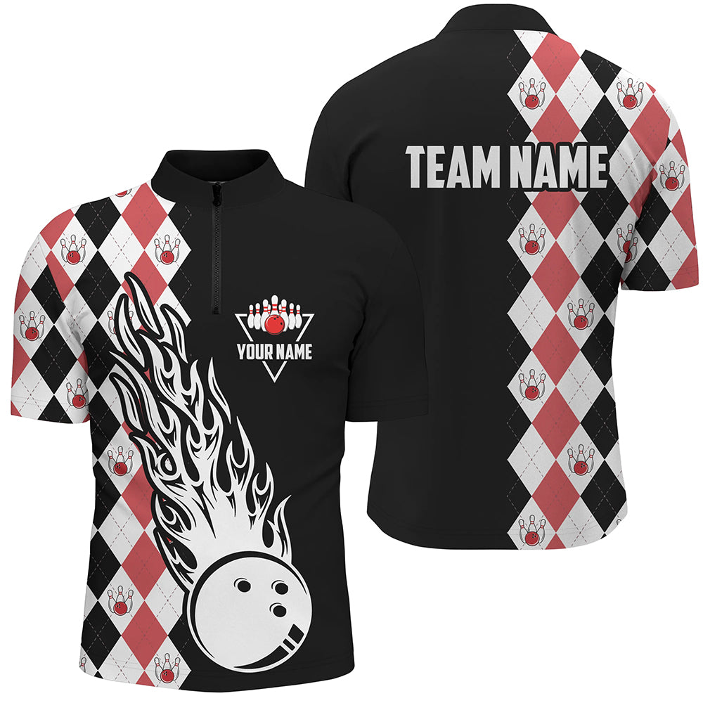 Black & red argyle pattern bowling fire Quarter Zip shirt for men custom bowling team league jerseys NQS6912