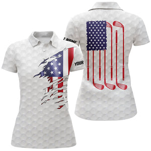 Womens golf polo shirt white golf ball American flag patriotic golf clubs custom name golfing gifts NQS7076