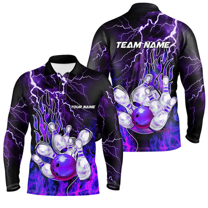 Men Bowling Polo Shirt Custom purple lightning thunder Bowling Team Jersey, gift for team Bowlers NQS7079