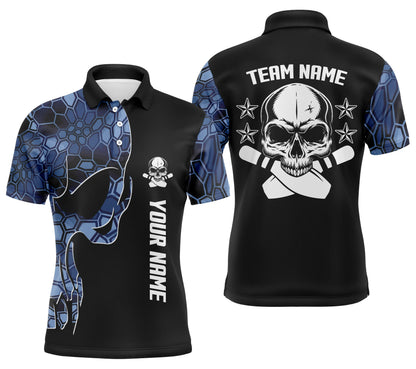 Custom Blue camo bowling shirt for men – personalized team jersey front view