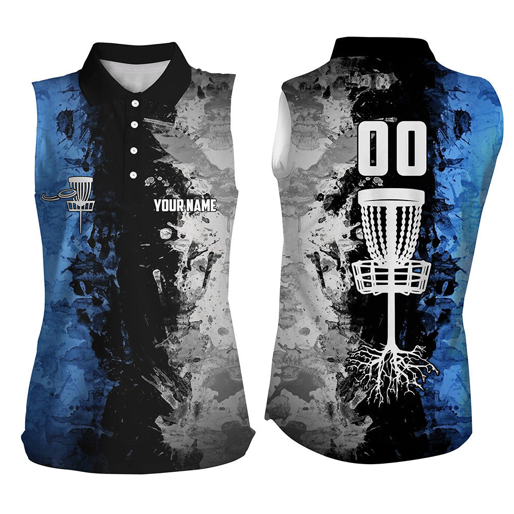 Custom name and number Disc Golf basket Women sleeveless polo shirt, sleeveless golf tops  | Blue NQS6470