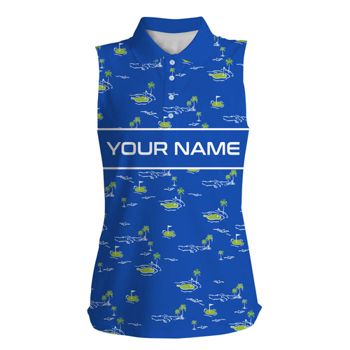 Womens sleeveless polo shirt custom Golf Course pattern tournament golf polo shirts for women | Blue NQS5082