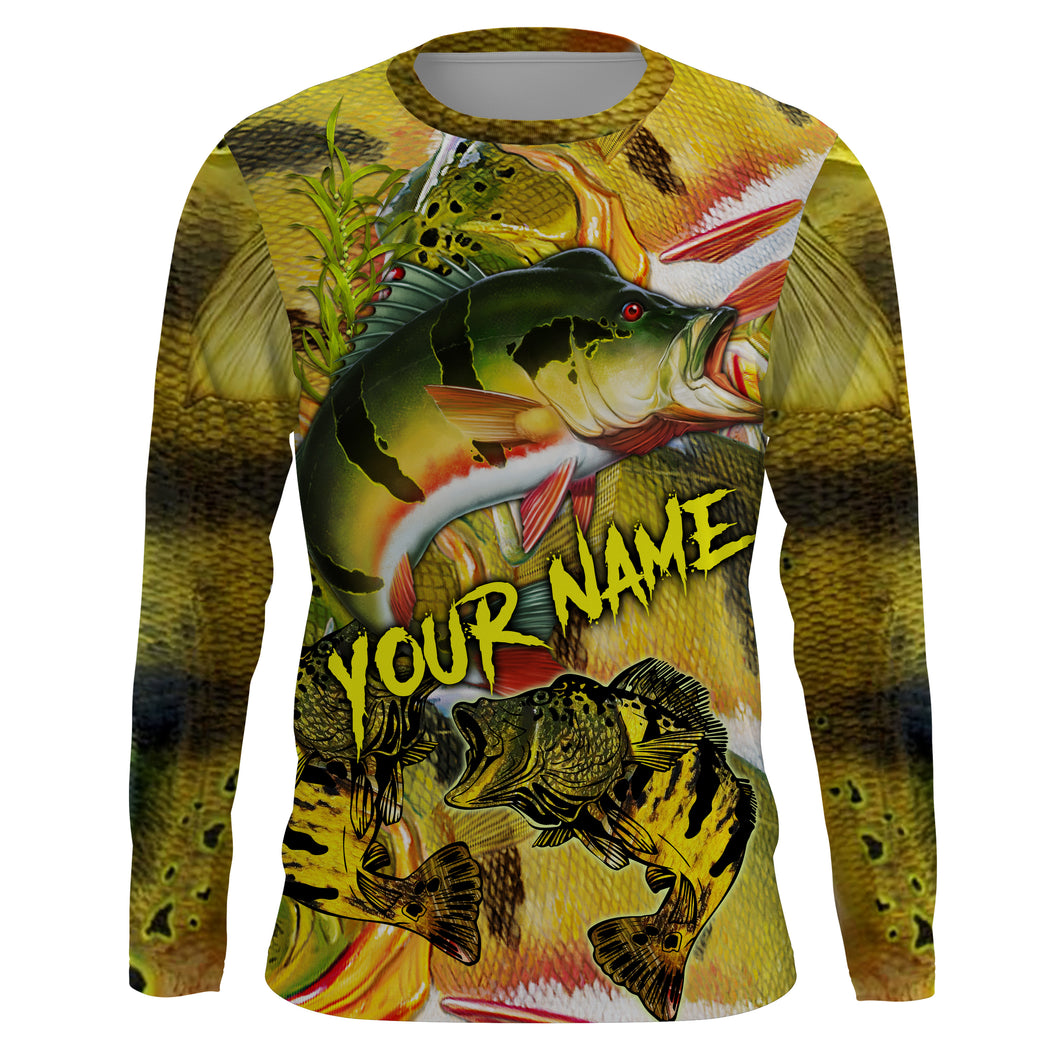 Personalized Peacock bass Fishing jerseys, bass scales long sleeve fishing shirts uv protection NQS3847