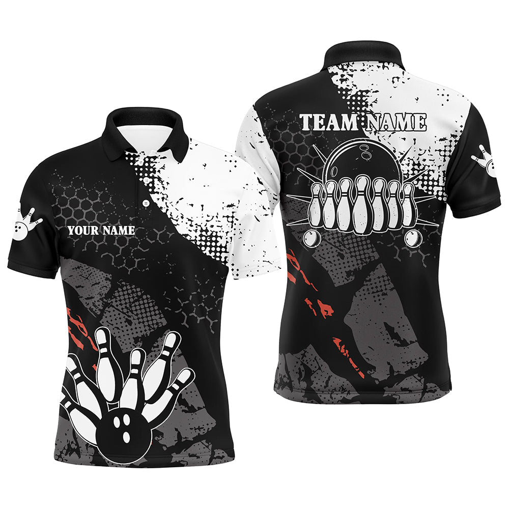 Black and white Mens polo bowling shirts Custom retro bowling ball pins bowling team league jerseys NQS6264