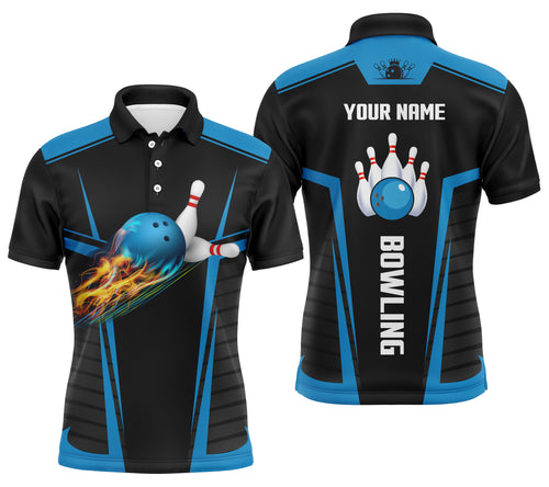 Customize bowling shirts for men with flame bowling balls and pins black blue bowling jerseys NQS4464