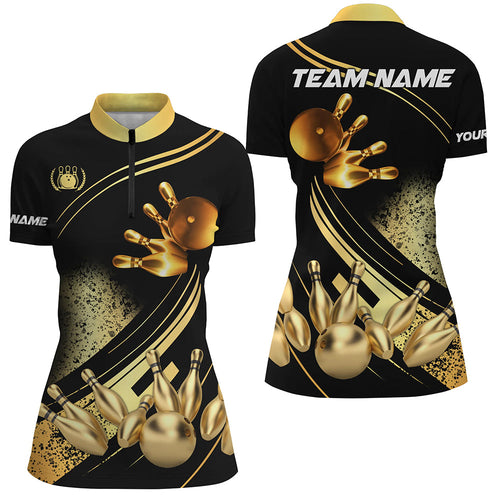 Black and Gold Womens Quarter Zip shirts custom bowling apparel team bowling jerseys, bowling gifts NQS7222