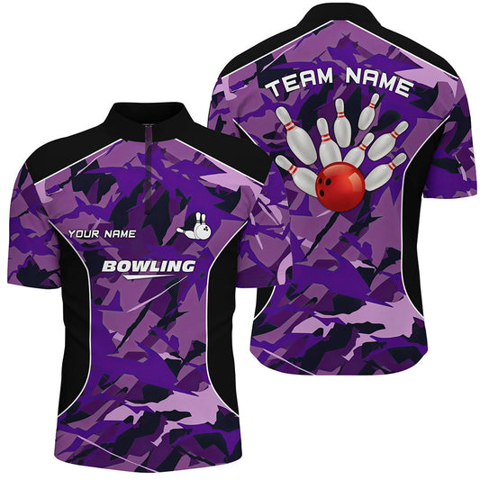 Men's bowling Quarter Zip shirts Custom bowling ball and pins purple camo Bowling Team Jersey for men NQS6488