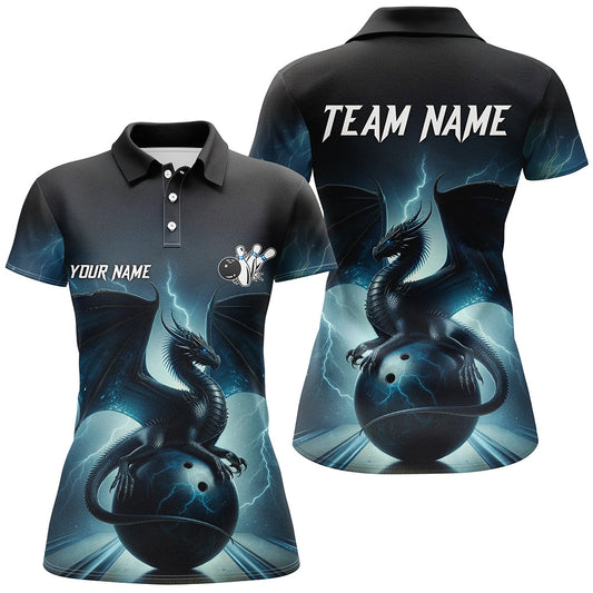 Dark Blue Lightning Thunder Custom Dragon Women bowling polo shirts, Team Bowling League Jerseys NQS7228