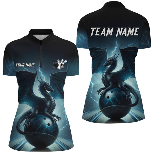 Dark Blue Lightning Thunder Custom Dragon Womens Bowling Quarter Zip shirts, Team Bowling Jerseys NQS7228