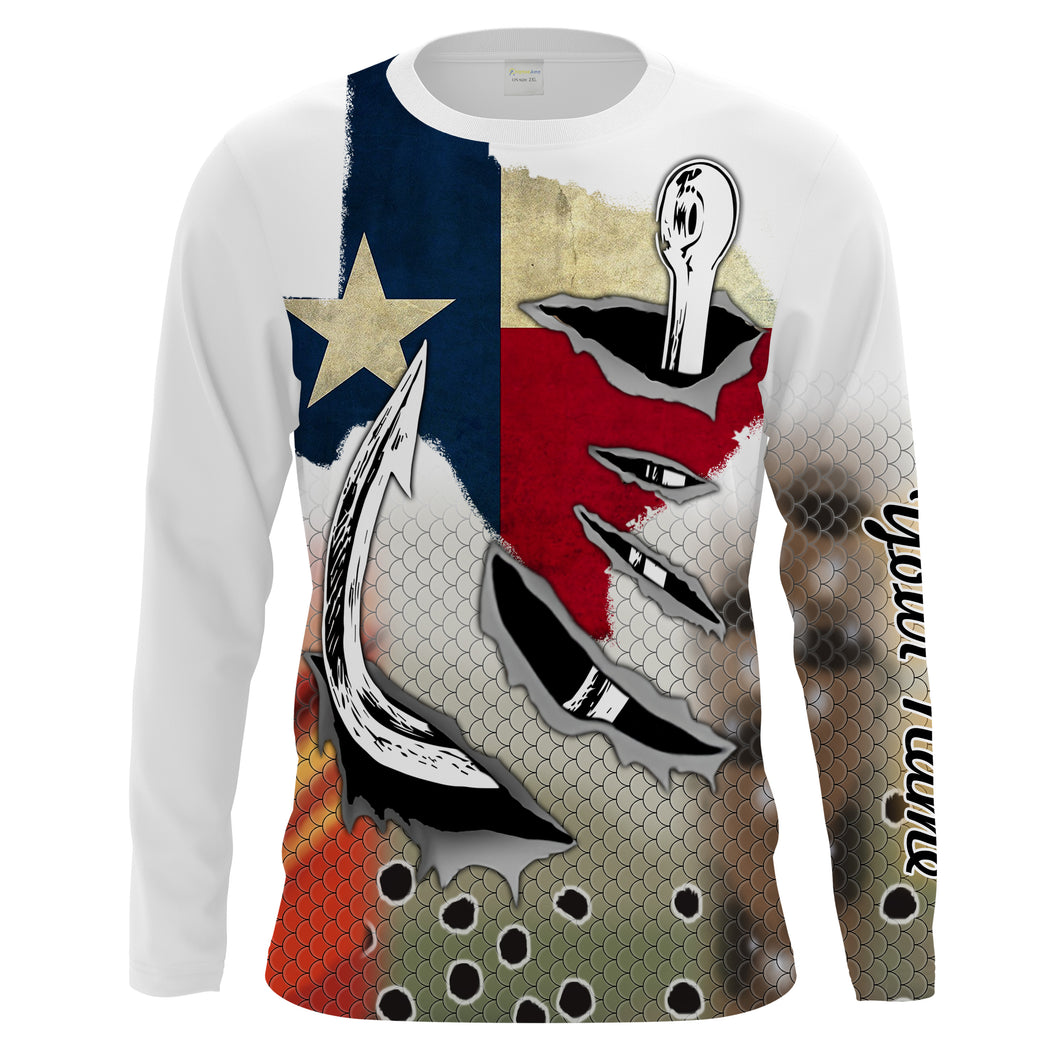 Texas Slam Redfish, Trout, Flounder fish hook Custom Texas patriotic Shirts, Long Sleeve performance Fishing Shirts NQS2048