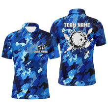 Load image into Gallery viewer, Bowling polo shirts for men Custom bowling ball and pins blue camo Bowling Team Jersey NQS6285