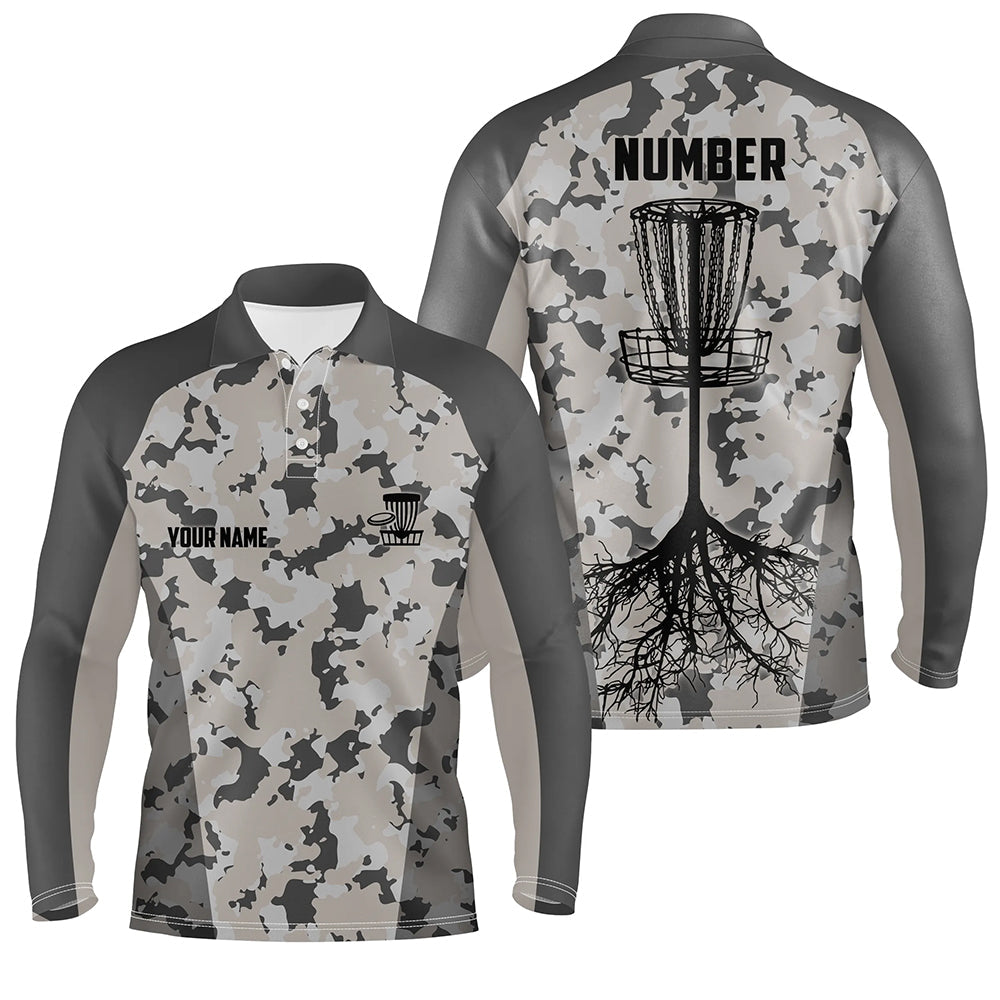 Disc golfing grey camo Mens disc golf polo shirts custom team disc golf attire, disc golf jerseys NQS6952
