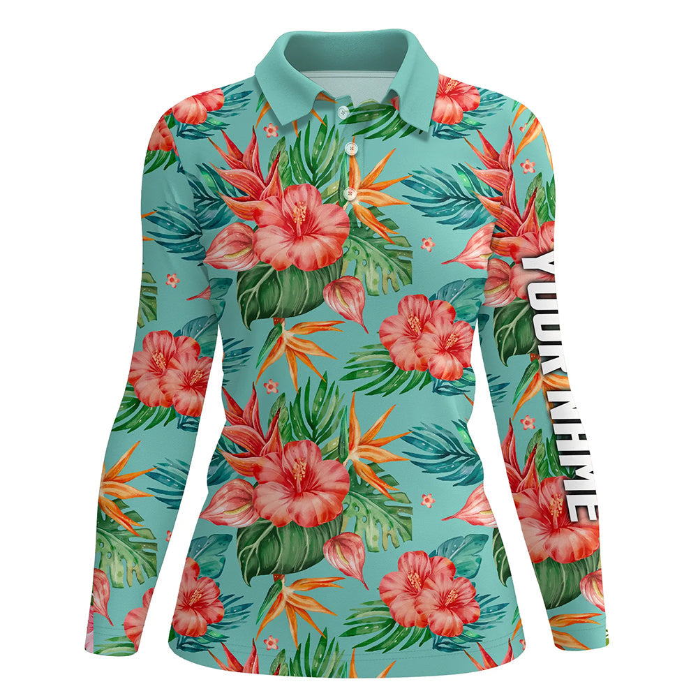 Womens golf polos shirts custom name green tropical flower hibiscus pattern golf tops for ladies NQS7130