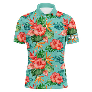 Mens golf polos shirts custom green tropical flower hibiscus pattern golf tops for Mens NQS7130