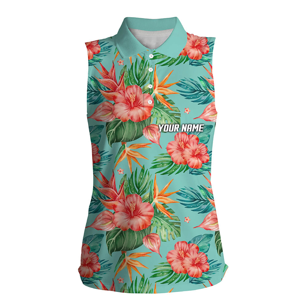 Womens sleeveless golf polos shirts custom green tropical flower hibiscus pattern golf tops for ladies NQS7130