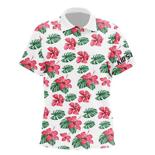 Kid golf polos shirts custom name green tropical pattern hibiscus flower golf tops for Kid NQS7131