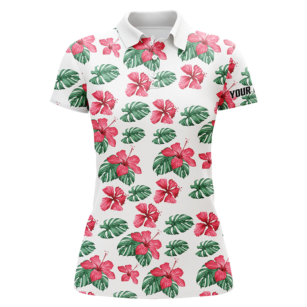 Womens golf polos shirts custom name green tropical pattern hibiscus flower golf tops for ladies NQS7131