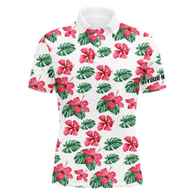 Load image into Gallery viewer, Mens golf polos shirts custom green tropical pattern hibiscus flower golf tops for mens NQS7131