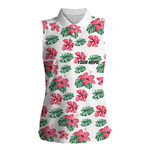 Womens sleeveless golf polos shirts custom green tropical pattern hibiscus flower golf tops for ladies NQS7131