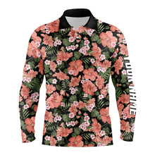 Load image into Gallery viewer, Mens golf polos shirts custom tropical pink hibiscus flower black pattern golf tops for mens NQS7132