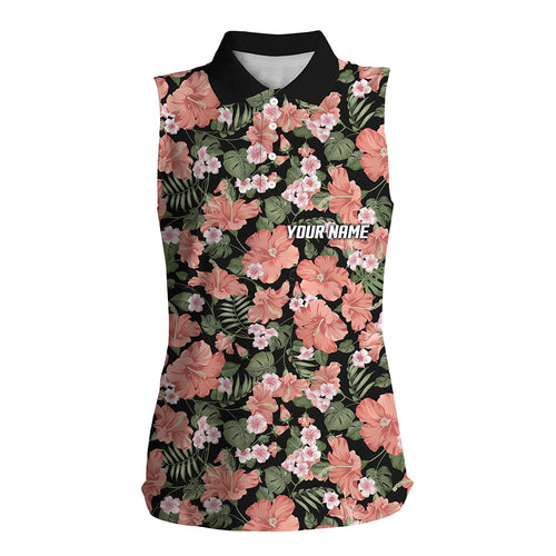 Womens sleeveless golf polos shirts custom pink hibiscus flower black pattern golf tops for ladies NQS7132