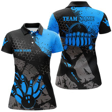 Load image into Gallery viewer, Black and blue Women bowling polo shirts Custom retro bowling ball pins bowling team league jerseys NQS6314
