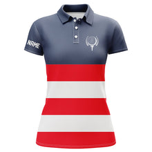 Load image into Gallery viewer, Red, white and blue stripe custom name Womens golf polos shirts, patriot women's golf attire  NQS7135