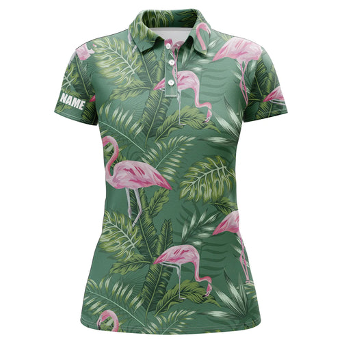 Womens golf polo shirts green tropical plants monstera flamingo golf shirts custom womens golf wear NQS4842