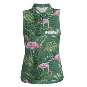 Women sleeveless polo shirt green tropical plants monstera flamingo golf shirts custom women golf top NQS4842