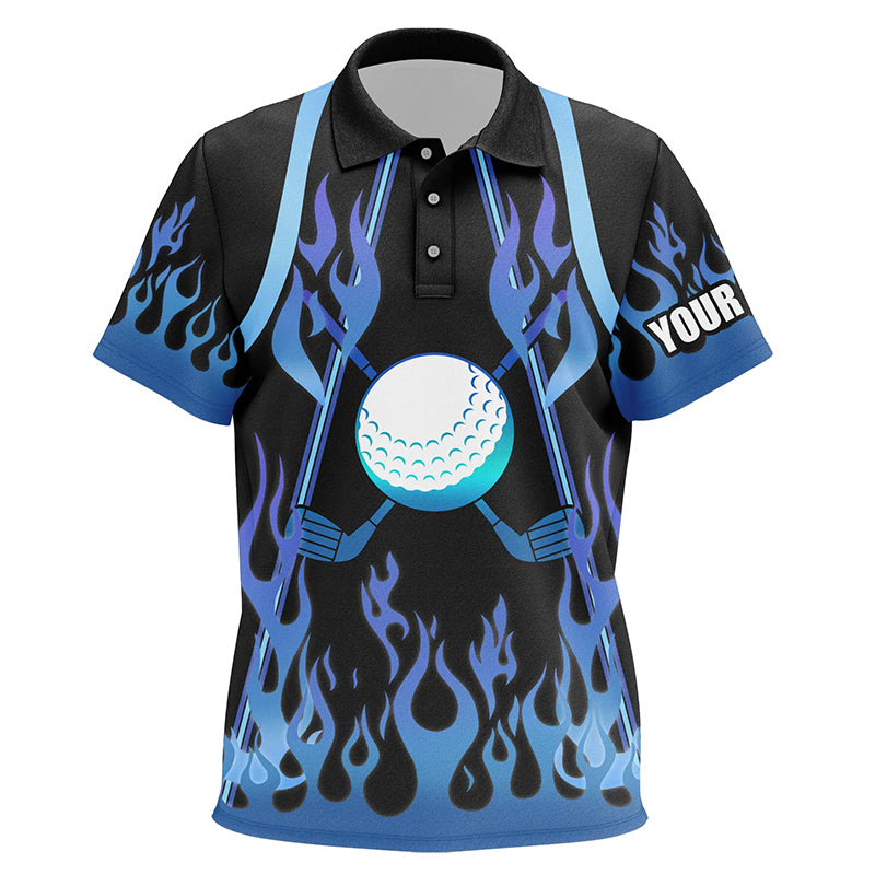 Kid golf polo shirts custom blue fire pattern golf clubs shirt for Kid, personalized golf gifts NQS6994
