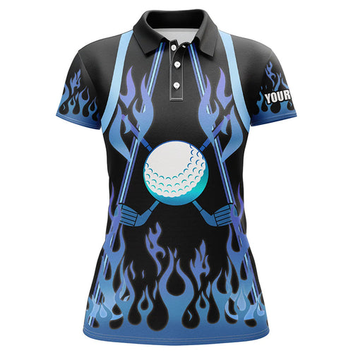 Women golf polo shirts blue fire pattern golf clubs shirt for ladies, personalized golf gifts NQS6994
