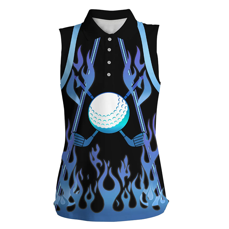 Women sleeveless polo shirts blue fire pattern golf clubs shirt for ladies, personalized golf gifts NQS6994