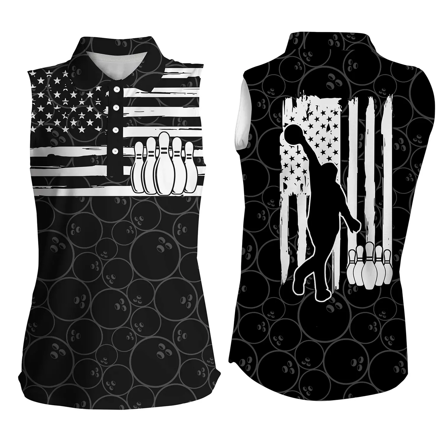 Custom black sleeveless bowling shirt for women – personalized team jersey front view