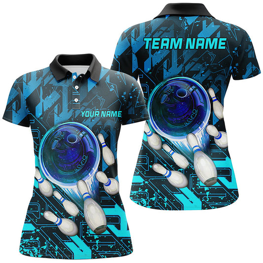 Women bowling polo shirts Custom blue abstract Bowling Team league Jerseys, gifts for bowlers NQS7247