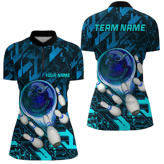 Womens Quarter Zip shirts Custom blue abstract Bowling Team league Jerseys, gifts for bowlers NQS7247