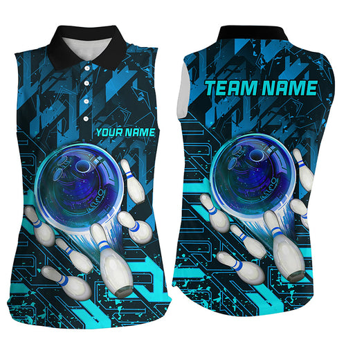 Women sleeveless polo shirts Custom blue abstract Bowling Team league Jerseys, gifts for bowlers NQS7247