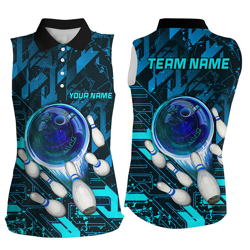 Women sleeveless polo shirts Custom blue abstract Bowling Team league Jerseys, gifts for bowlers NQS7247