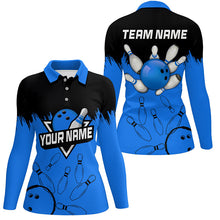Load image into Gallery viewer, Women bowling polo shirts Custom black and blue Bowling Team league Jerseys, gifts for bowlers NQS7248
