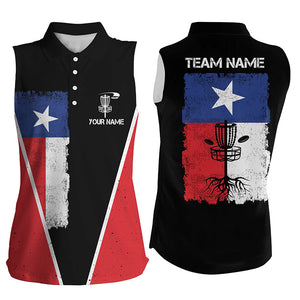 Black Womens sleeveless Disc golf polo shirts vintage Texas flag patriot custom frisbee golf shirt NQS6536