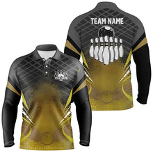 Load image into Gallery viewer, Mens polo bowling shirt Custom black gold bowling ball pins team league jersey, bowling gift NQS6329
