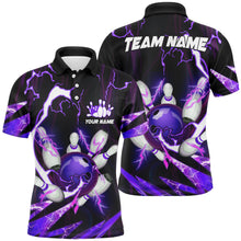 Load image into Gallery viewer, Flame lightning thunder bowling ball and pins jerseys Custom Team Bowling Polo Shirts For Men | Purple NQS6550