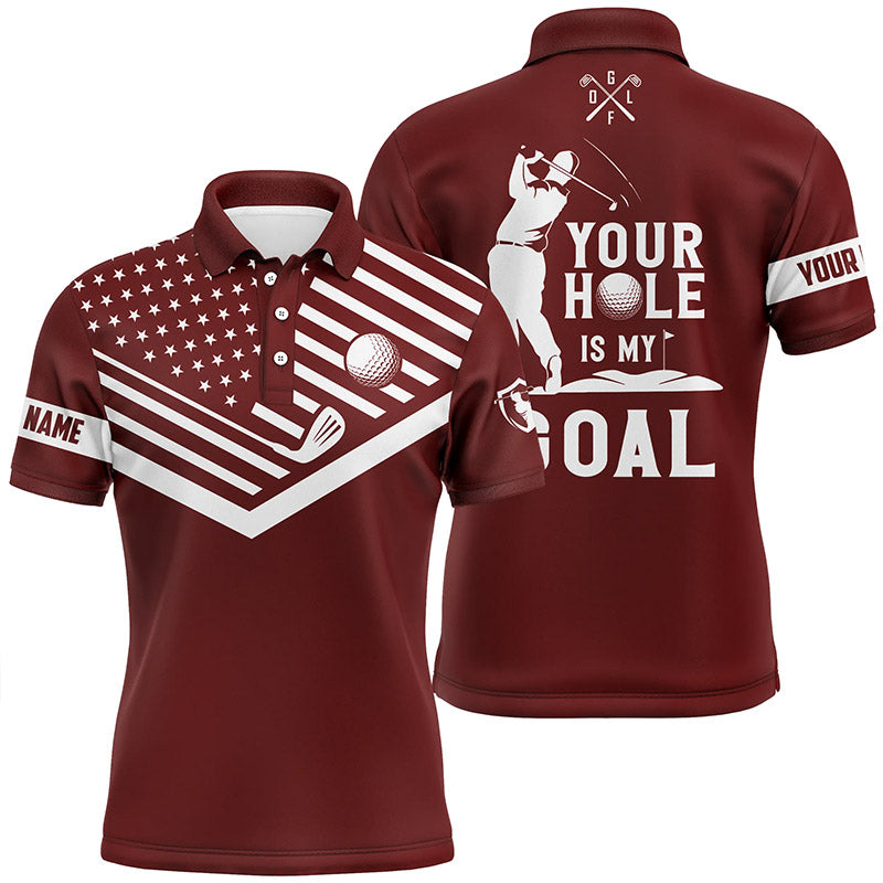 Mens golf polo shirt white American flag custom your hole is my goal funny golf team shirt | Red NQS7008